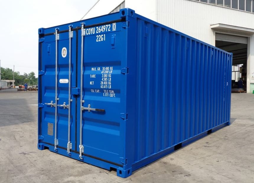 A 20ft shipping container in blue- angled picture