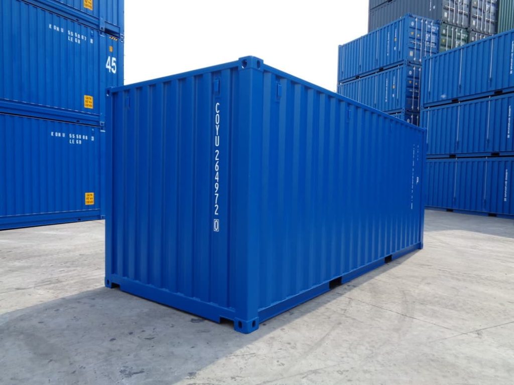 20ft shipping container in blue surrounded by other new containers