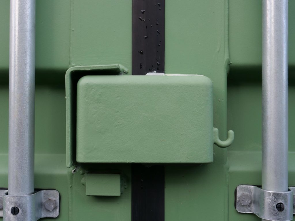 A closed lockbox- an optional extra for Boxtor's shipping containers